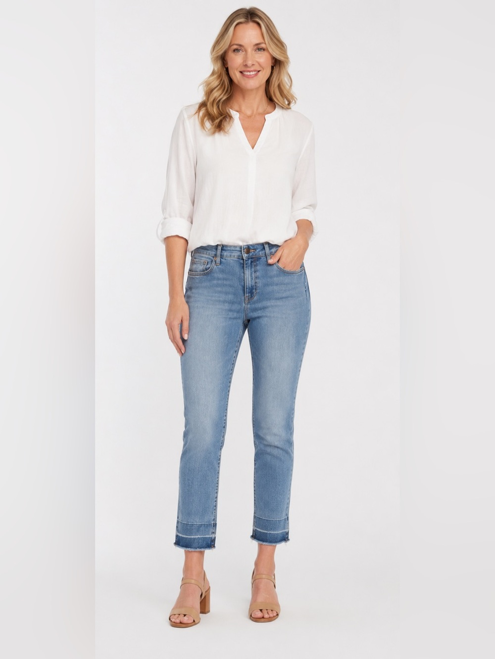 NYDJ Sheri Slim LiftXTuck Fray Hem Jeans in Light Wash Mid Rise Denim Size 8